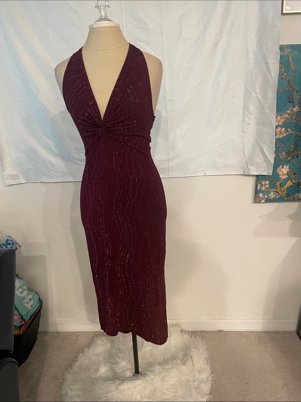 Vintage Y2K Sleeveless Twist-Front Midi Dress in Burgundy with Shimmer